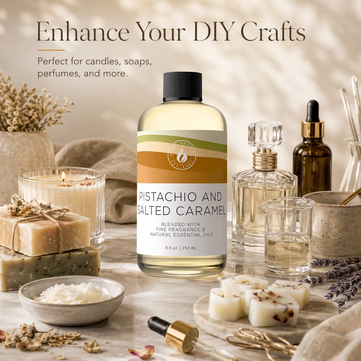 Pistachio and Salted Caramel fragrance oil for DIY candles, soaps, and perfumes, with notes of pistachio cream, salted caramel, and warm vanilla.