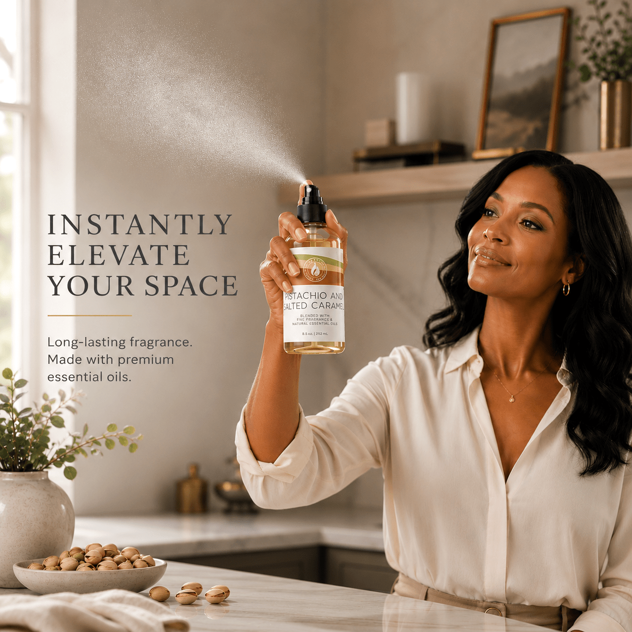 Pistachio and Salted Caramel aroma oil sprayed as a long-lasting room mist, layering pistachio cream, salted caramel, and soft sandalwood through the air.