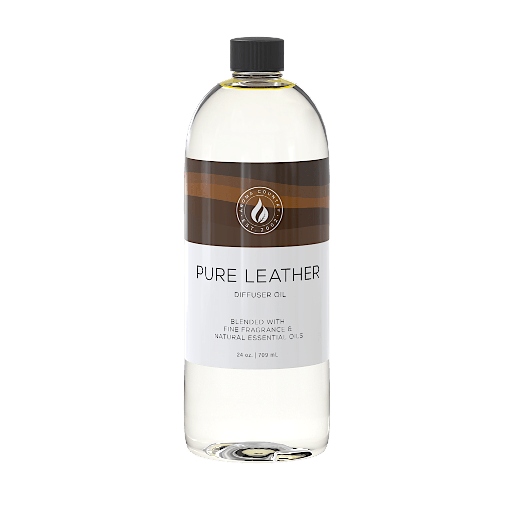 Pure Leather diffuser oil in a 24 oz bottle, showcasing warm brown tones to reflect the bold, smooth aroma of classic leather blended with refined essential oils.