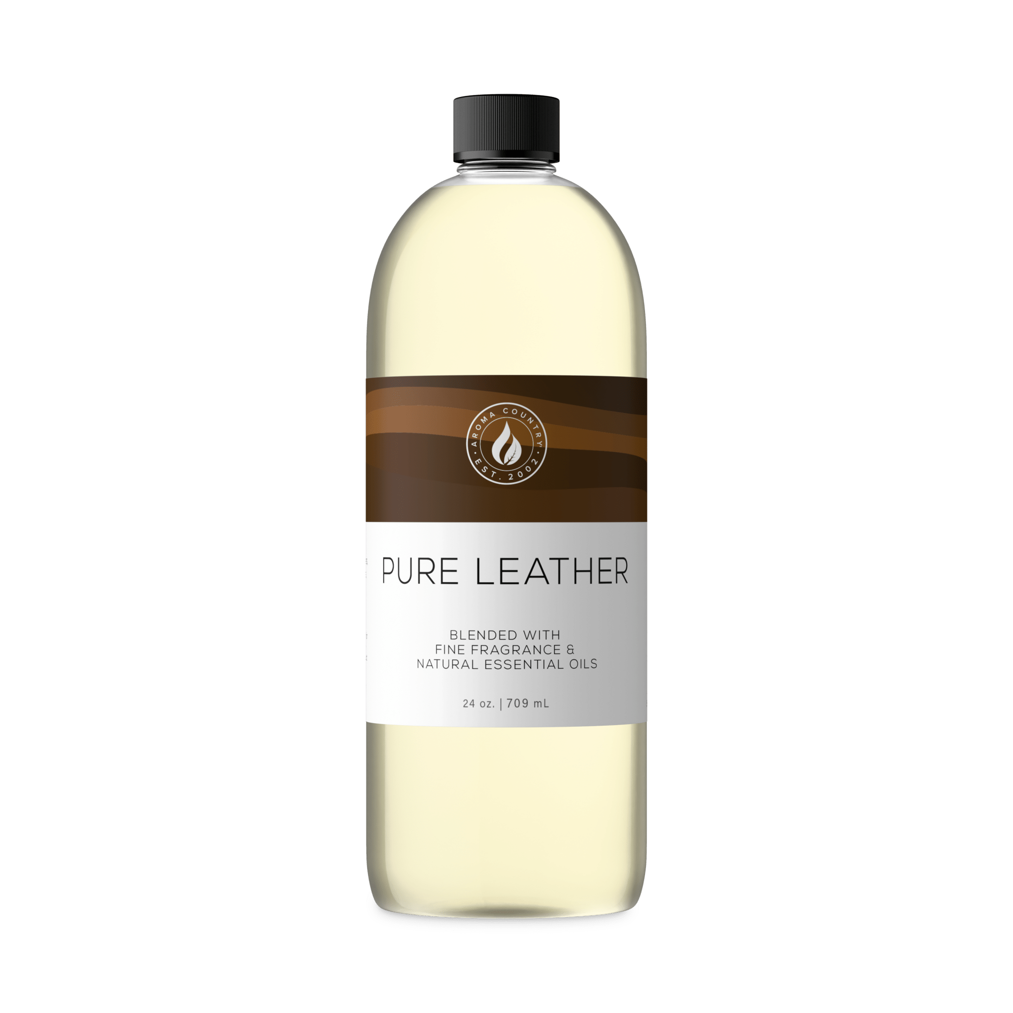 Smooth suede-inspired character with smoky woody depth, Pure Leather cold air diffuser oil in 24 oz format brings refined leather notes to whole-home scent systems
