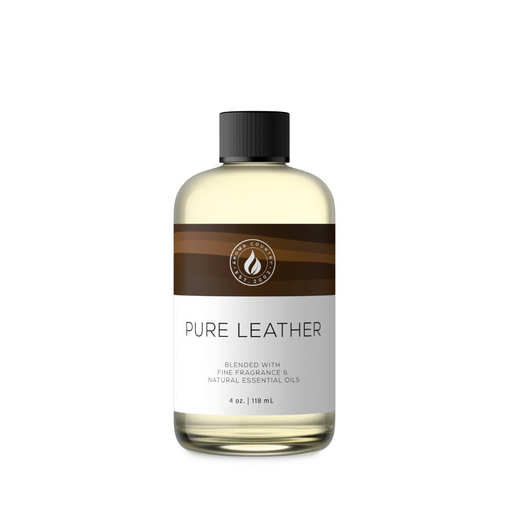 A 4 oz bottle of Pure Leather fragrance oil featuring warm aged-hide aroma layered with grounded amber undertones for sophisticated room scenting