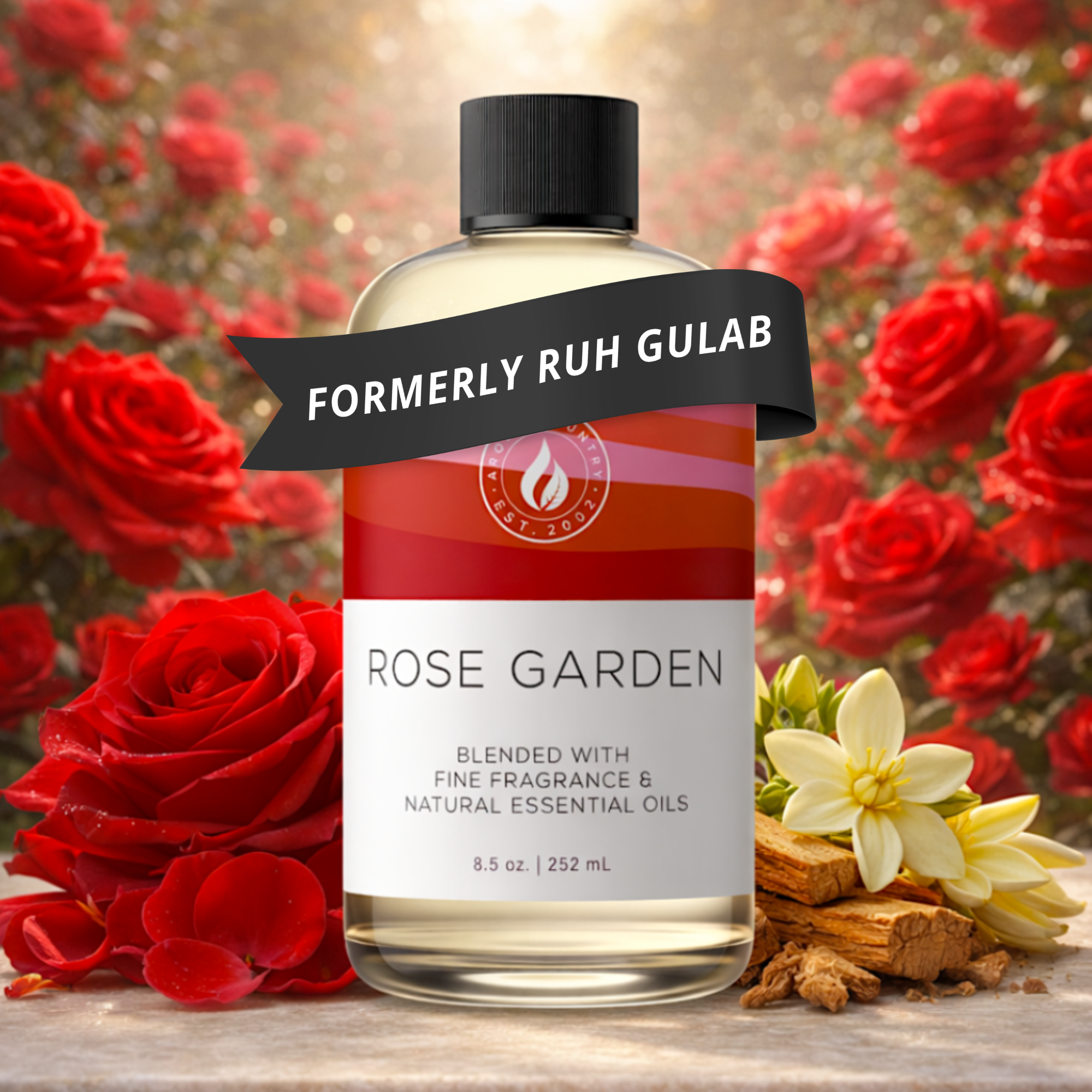 Rose Garden aroma oil at 8.5 oz, formerly known as Ruh Gulab, with romantic red rose character, soft petal warmth, and refined floral depth for elegant home scenting
