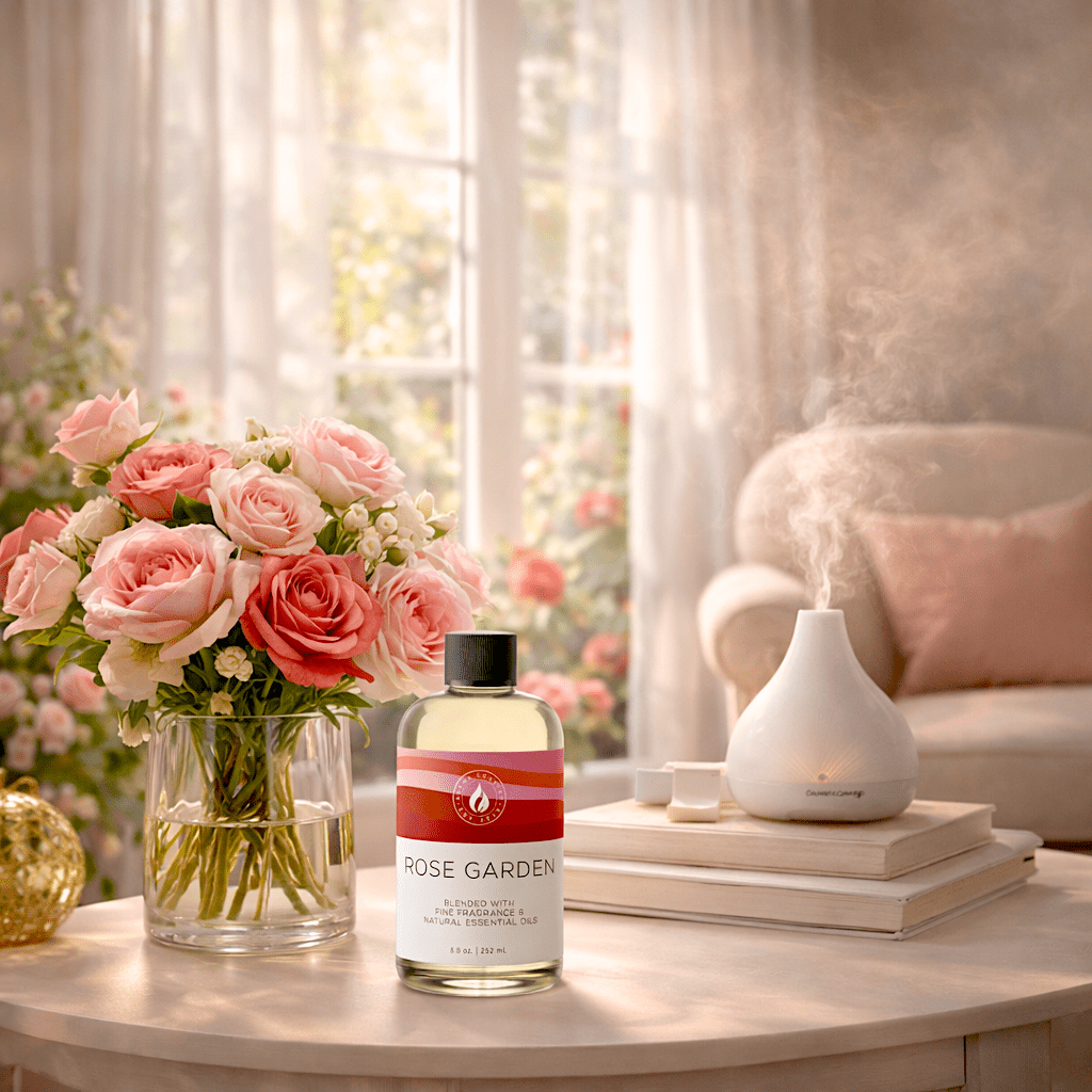Rose Garden home fragrance creating a calming floral atmosphere with romantic rose and soft botanical notes