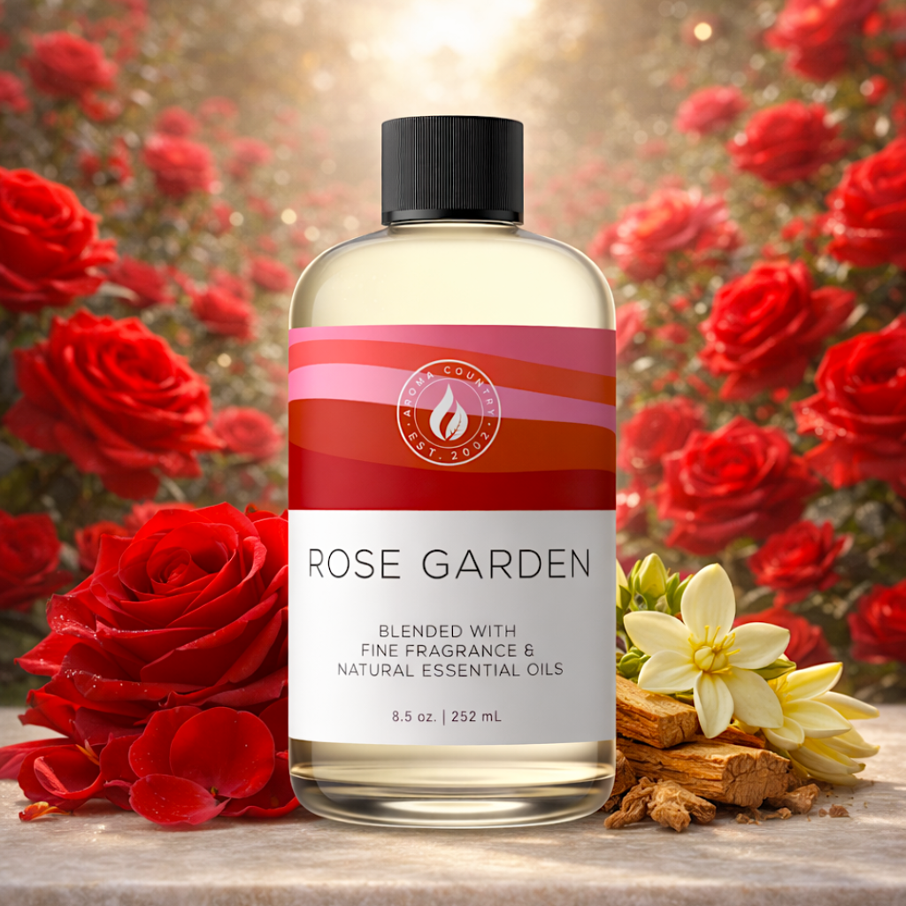 Rose Garden long lasting fragrance oil featuring romantic rose, ylang ylang, and cedarwood crafted for cold air diffuser home fragrance systems