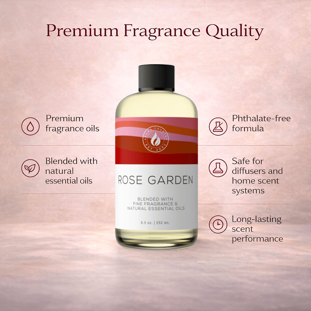 Premium Rose Garden fragrance oil crafted for cold air diffuser systems with long lasting floral home fragrance performance