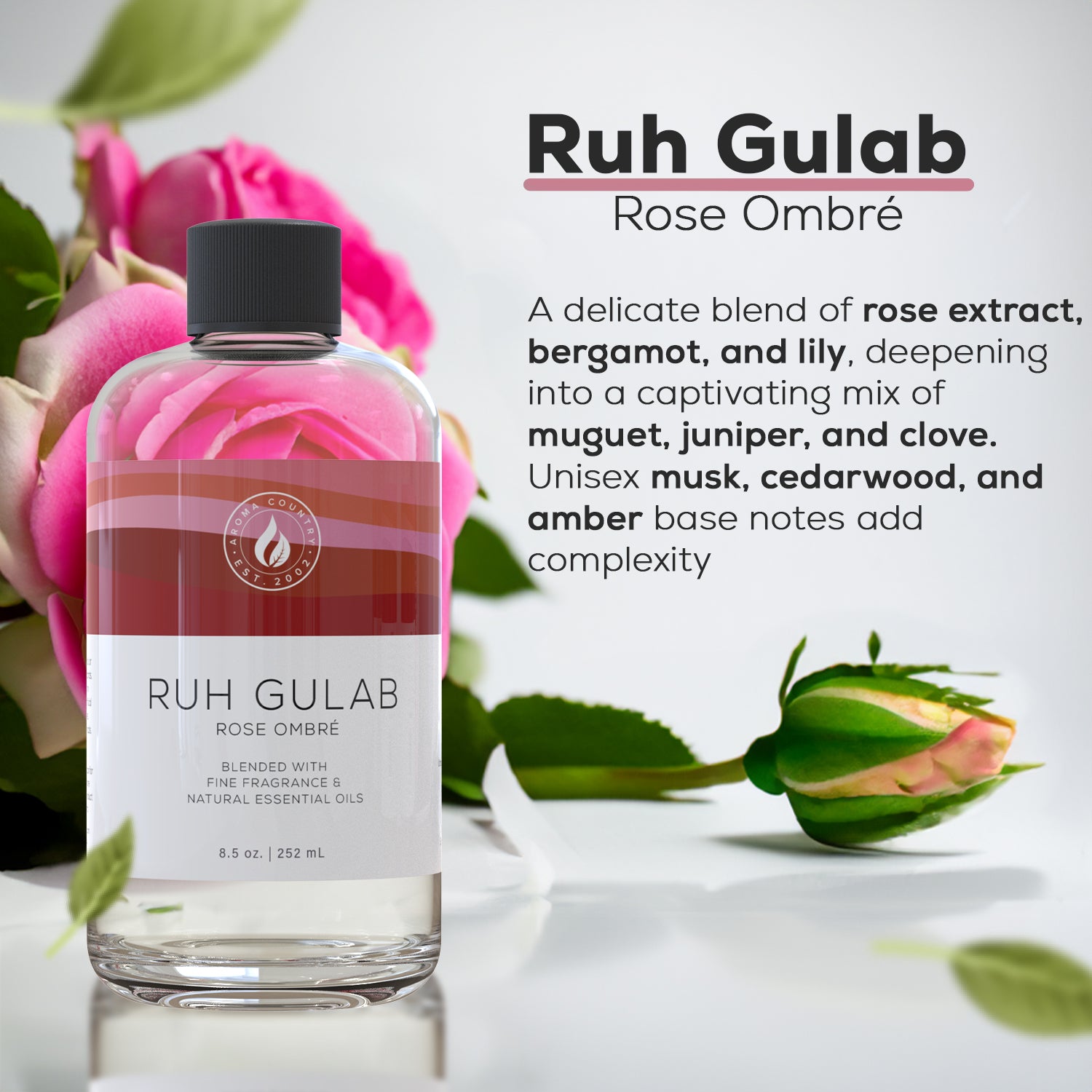 Aroma Country Ruh Gulab Rose Ombré aroma oil featuring rose extract, bergamot, lily, and base notes of musk and amber.