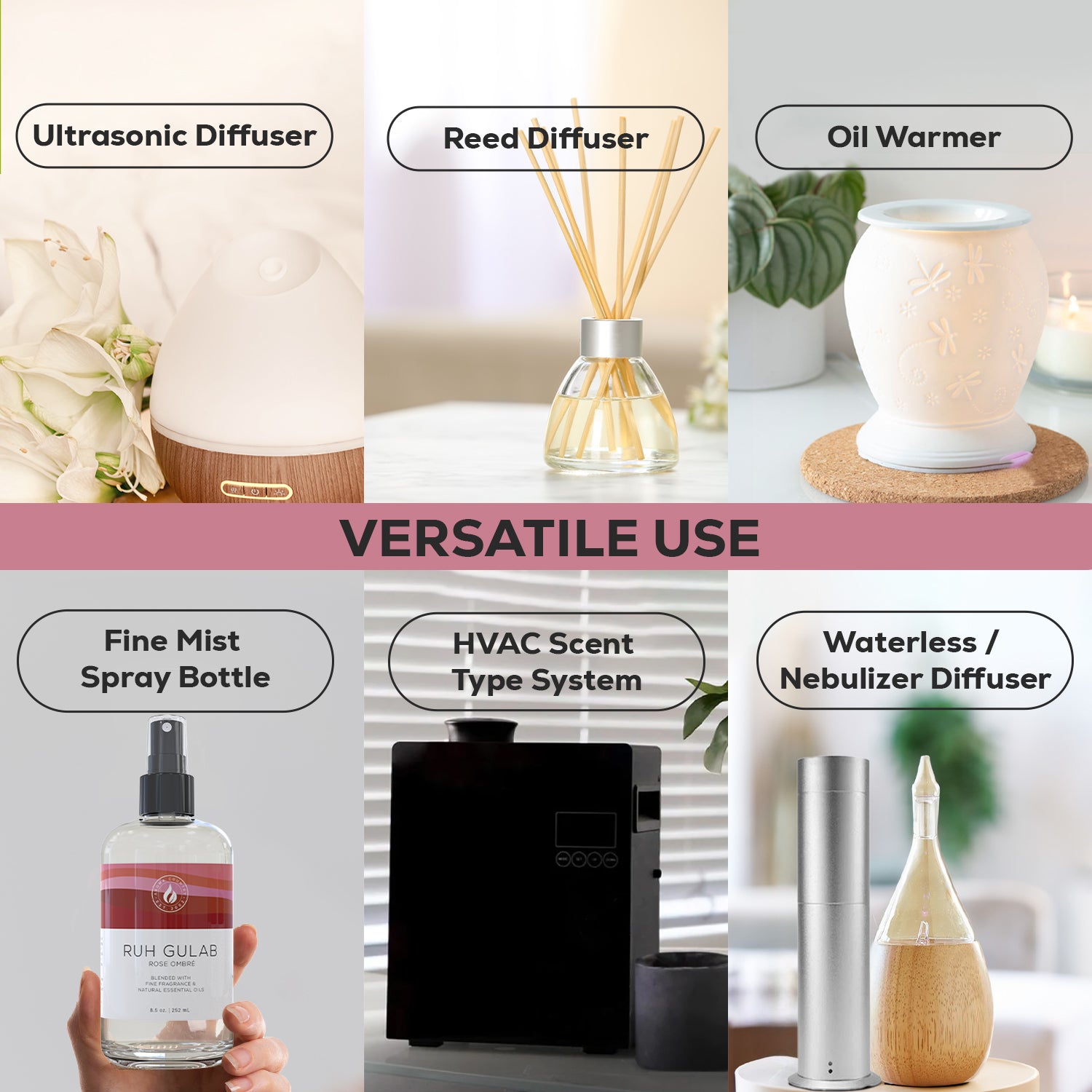 Ruh Gulab Rose Ombre essential oil shown with six scenting methods including diffusers, HVAC units, and spray bottles.