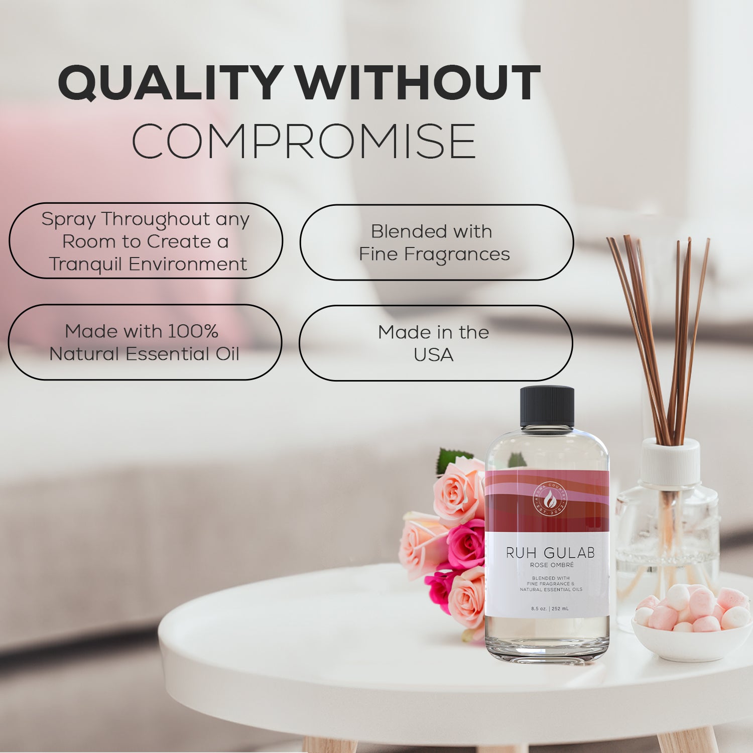 Ruh Gulab Rose Ombre fragrance bottle beside roses and a reed diffuser, highlighting its natural essential oils and USA craftsmanship.
