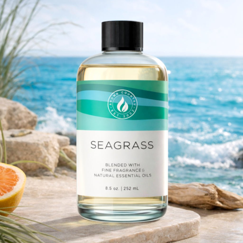 Seagrass room fragrance oil in an 8.5 oz bottle with a breezy oceanic aroma and crisp green aquatic character for cold air diffuser systems