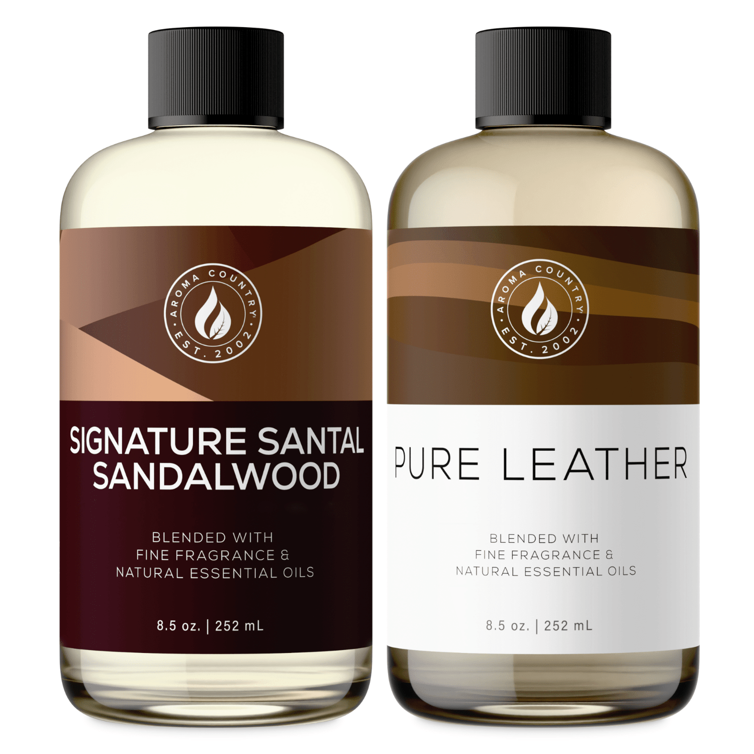 Signature Santal Sandalwood and Pure Leather aroma oil bundle in 8.5 oz bottles, pairing warm creamy sandalwood with rich aged-leather depth for a sophisticated woody scent profile