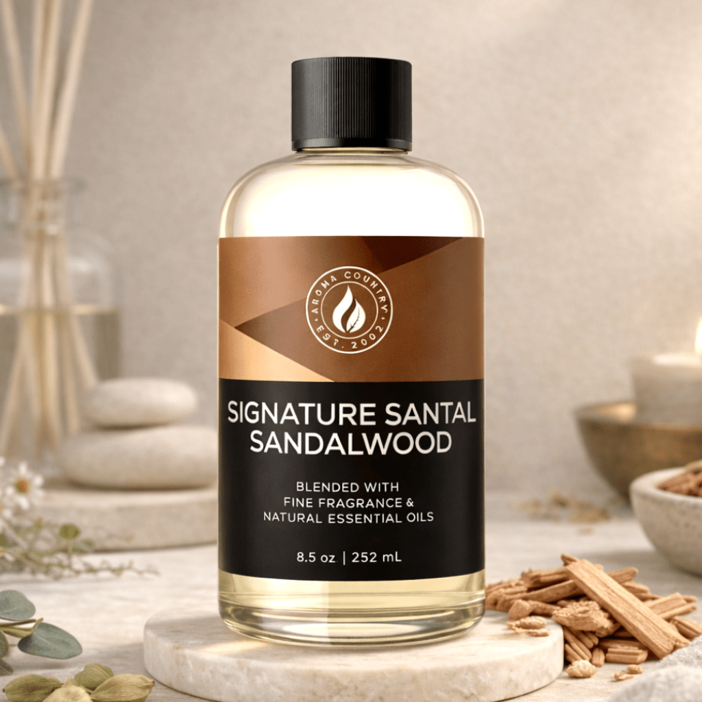 Signature Santal Sandalwood aroma with creamy wood depth smooth warmth and subtle earthy richness creating a calm grounded environment