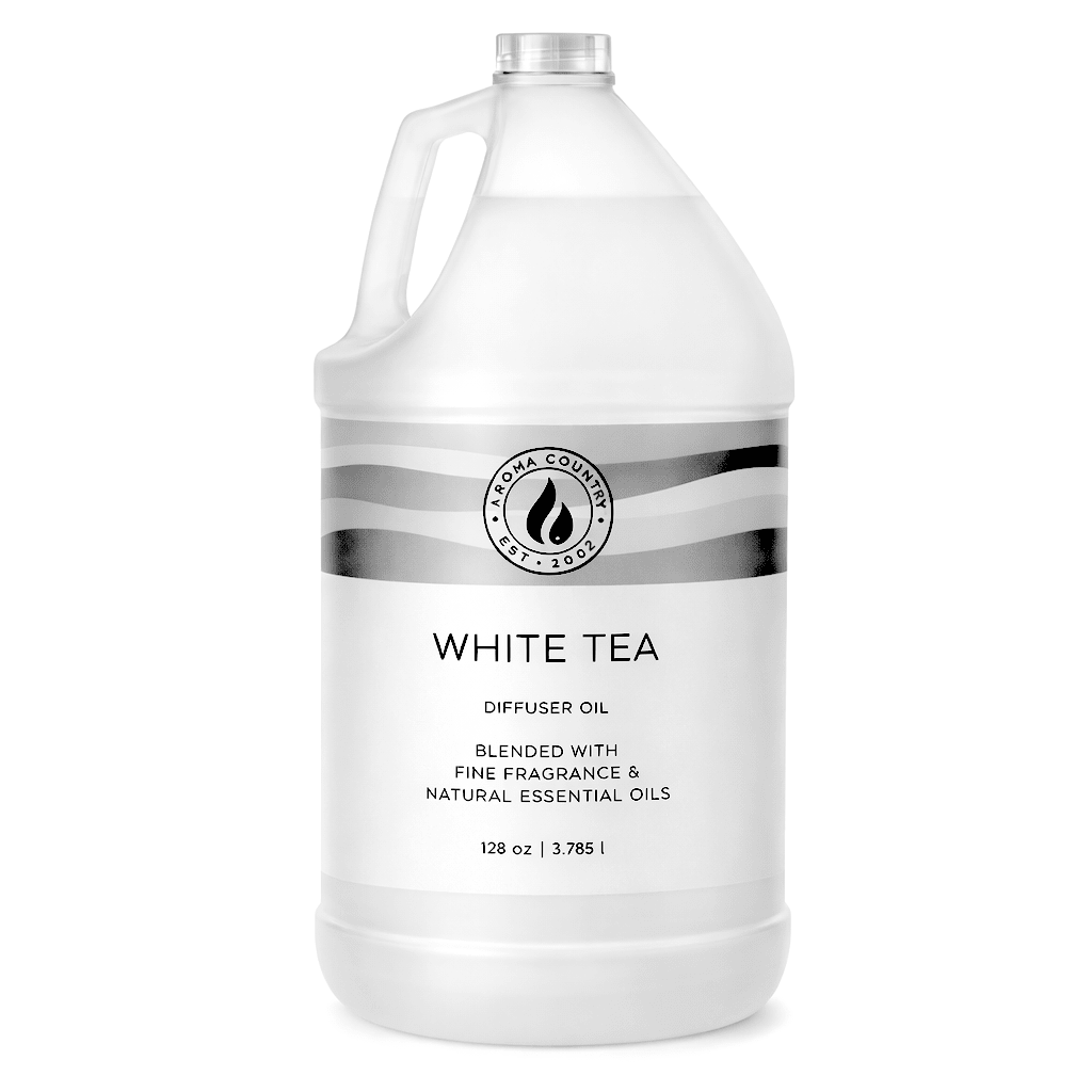 White Tea fragrance oil for cold air diffuser in 128 oz with a clean spa scent, soft citrus aroma, and refined freshness for large scenting systems