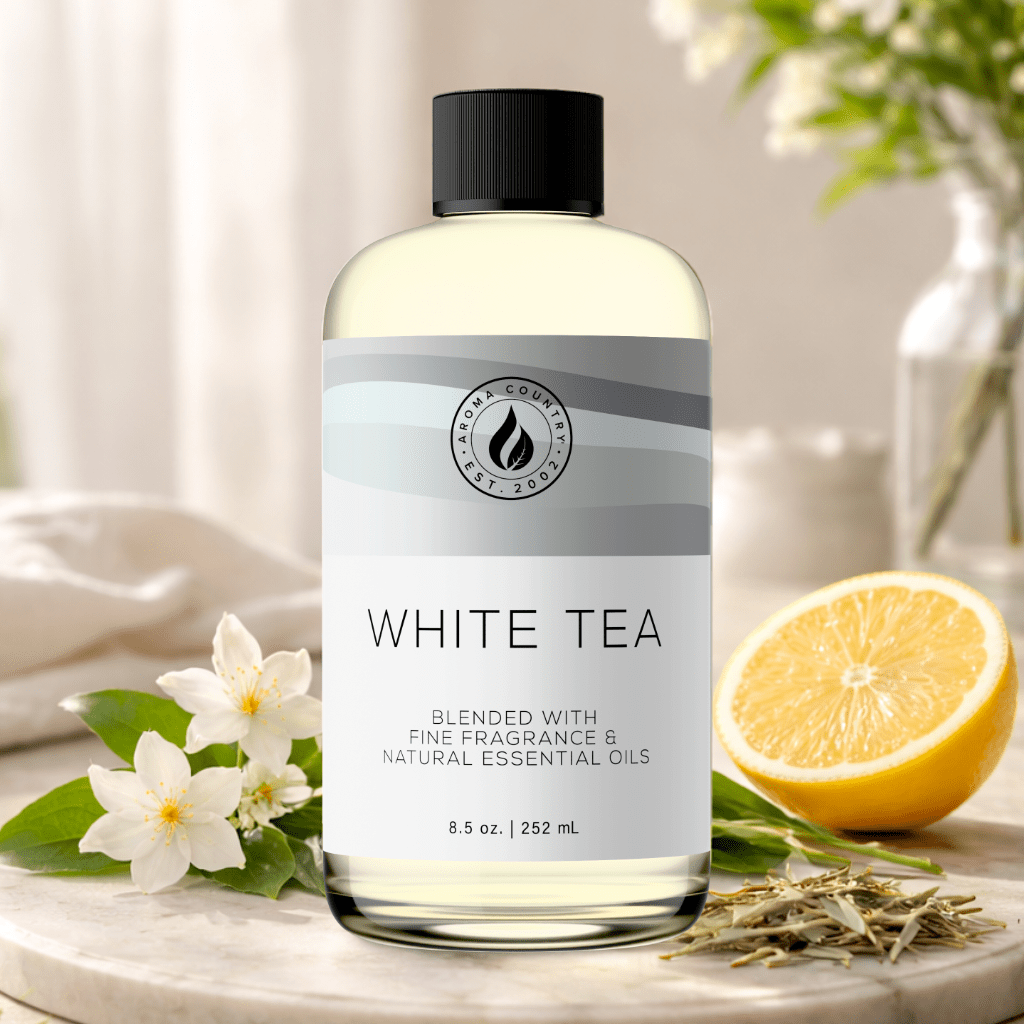 White Tea home fragrance oil with fresh citrus soft florals and clean tea notes creating a bright calming luxury scent environment