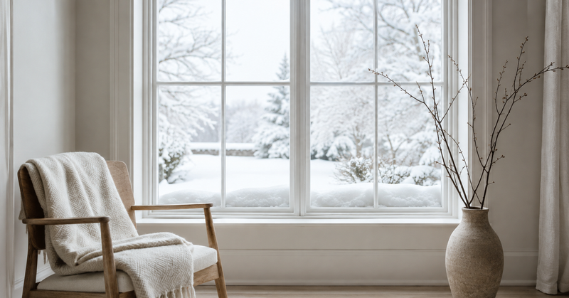 A calm winter room with deep snow on the sill and a white garden beyond the window