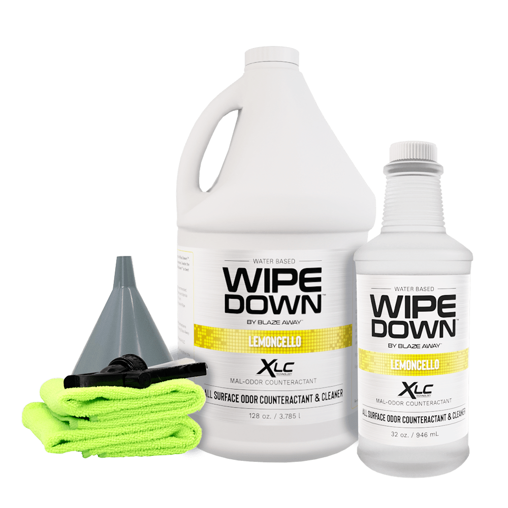 Limoncello Wipe Down kit featuring a 1-gallon odor control cleaner, 32oz refill bottle, funnel, trigger sprayer, and microfiber cloths for citrus-scented cleaning.