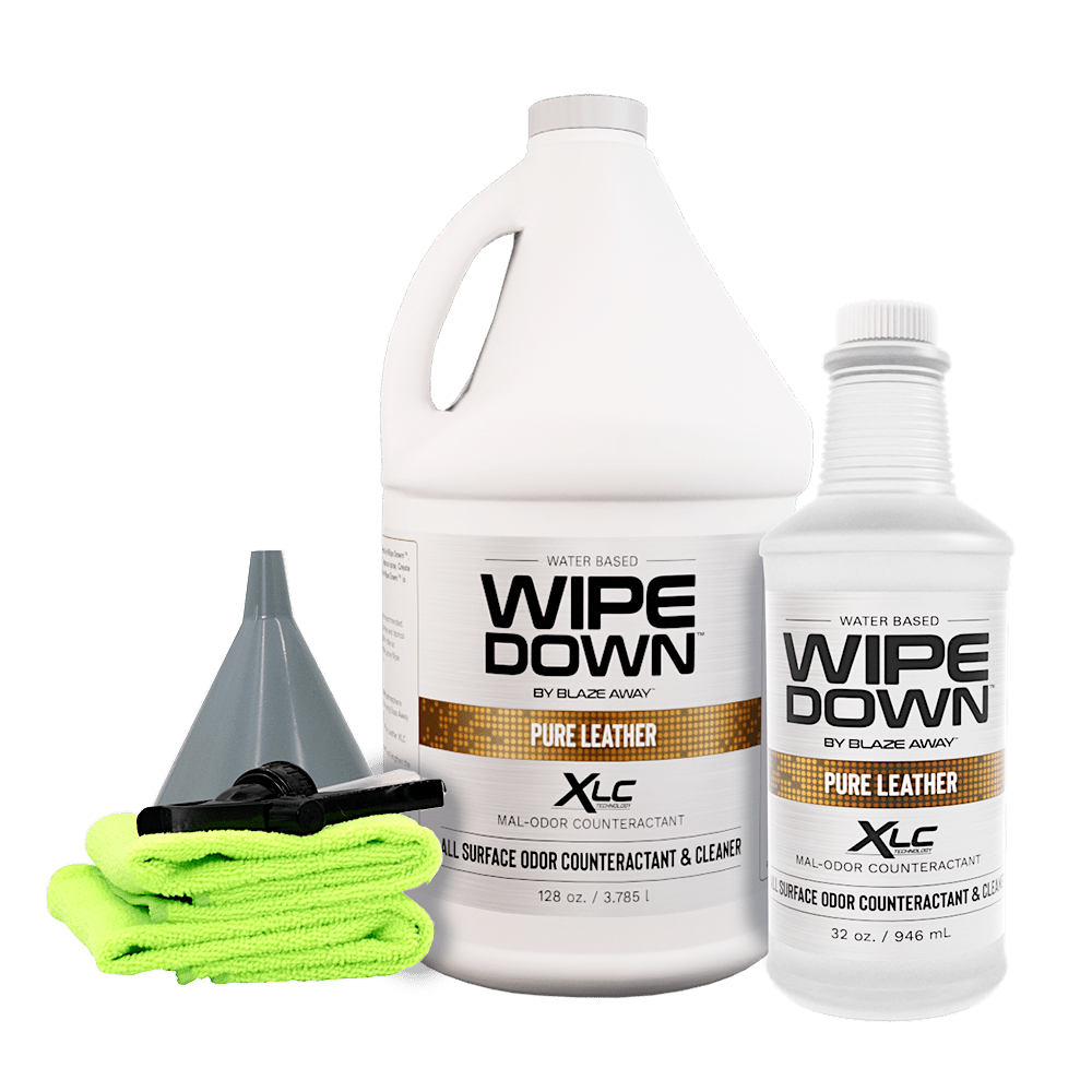 Pure Leather Wipe Down kit with 1-gallon odor neutralizer, 32oz refill bottle, funnel, sprayer, and microfiber cloths for leather-safe deodorizing.