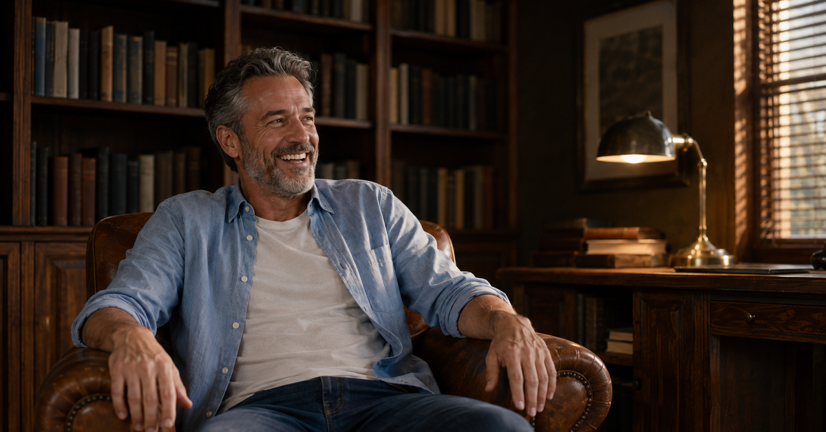 A man laughing in a leather armchair in a warm home study with bookshelves and a brass lamp