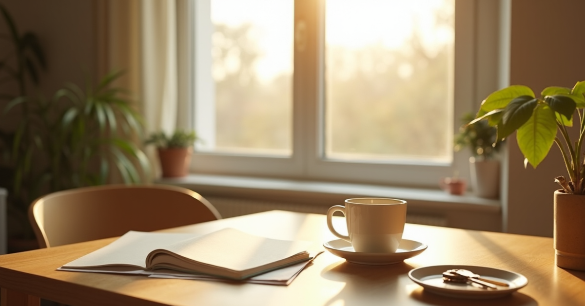 A bright desk by a sunny window with an open notebook, coffee and keys, a fresh start morning