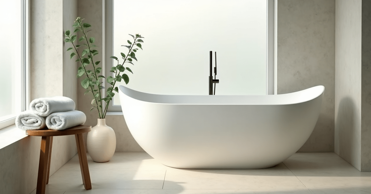 Un baño moderno y luminoso con una bañera blanca exenta, toallas dobladas y plantas con luz natural suave