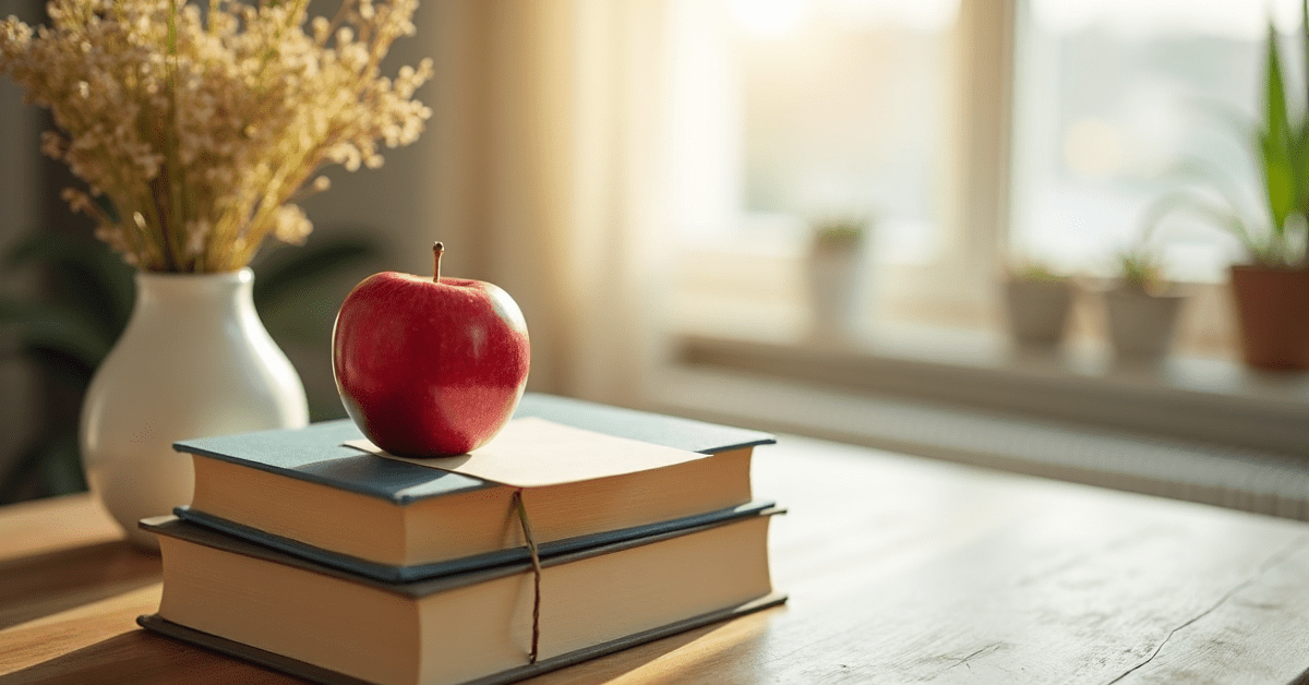 A red apple on a stack of books beside a vase of wildflowers on a sunlit desk