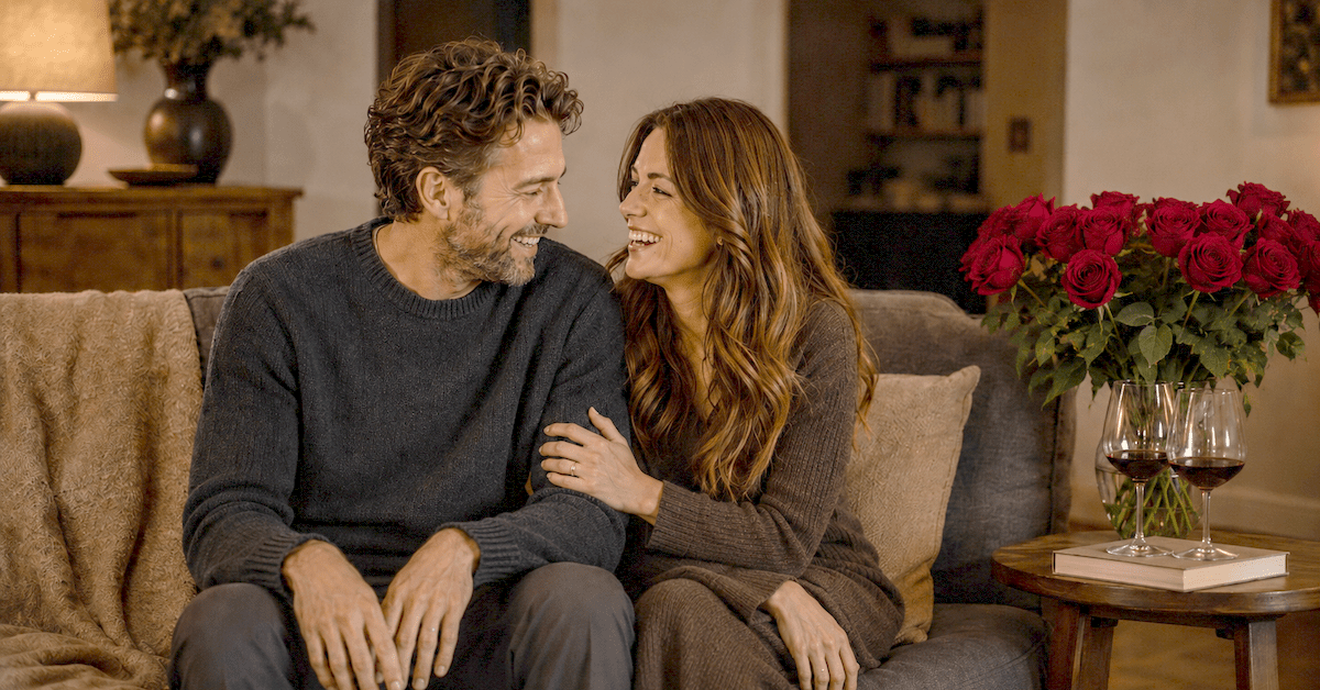 A couple laughing on a sofa by lamplight with deep red roses on the side table
