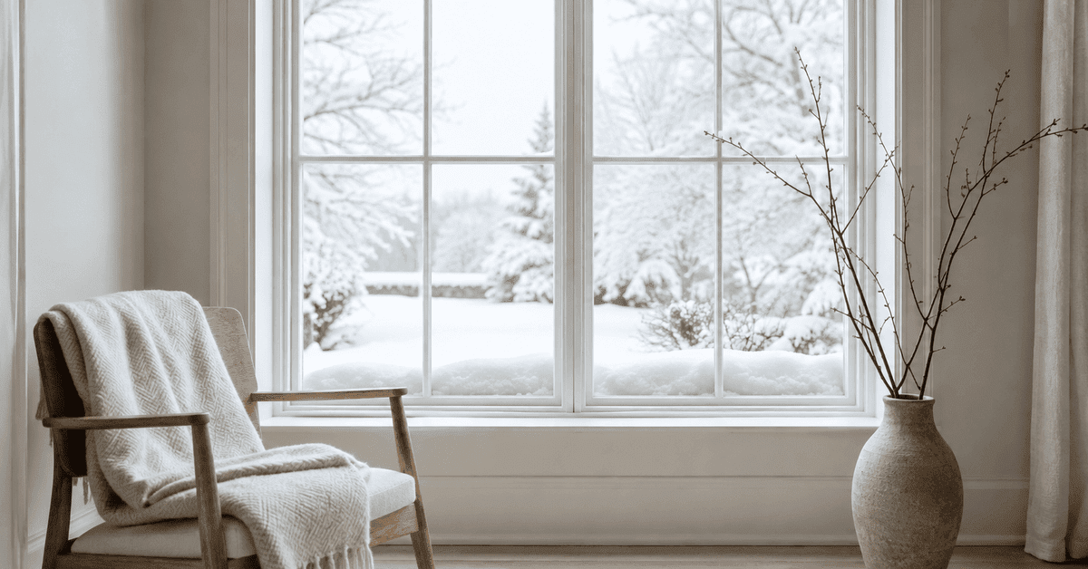 A calm winter room with deep snow on the sill and a white garden beyond the window