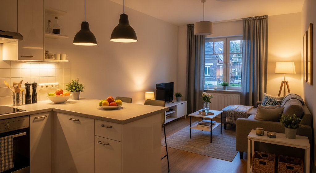 A cozy apartment with an open kitchen showing clean, balanced air and odor-free comfort achieved with non toxic odor-neutralizing sprays.