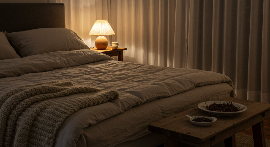 A softly lit bedroom styled for autumn transition. Layered citrus, spice, and wood fragrance oils move gently through the space with cold air diffusion, providing calm, clarity, and balance from a trusted scent company.