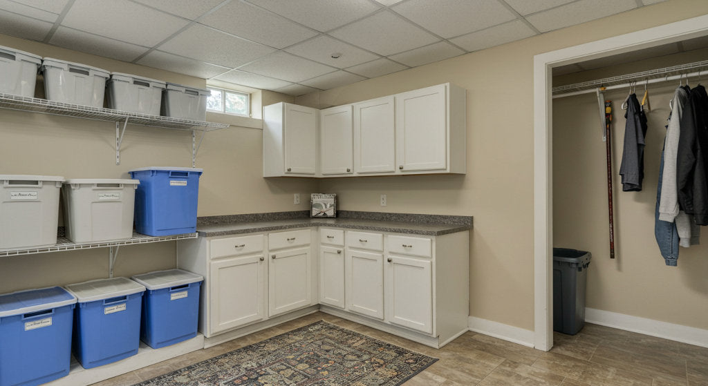 A clean basement storage area with bins and shelving, showing how odor neutralizing sprays and fresh air circulation prevent musty odors from building up.