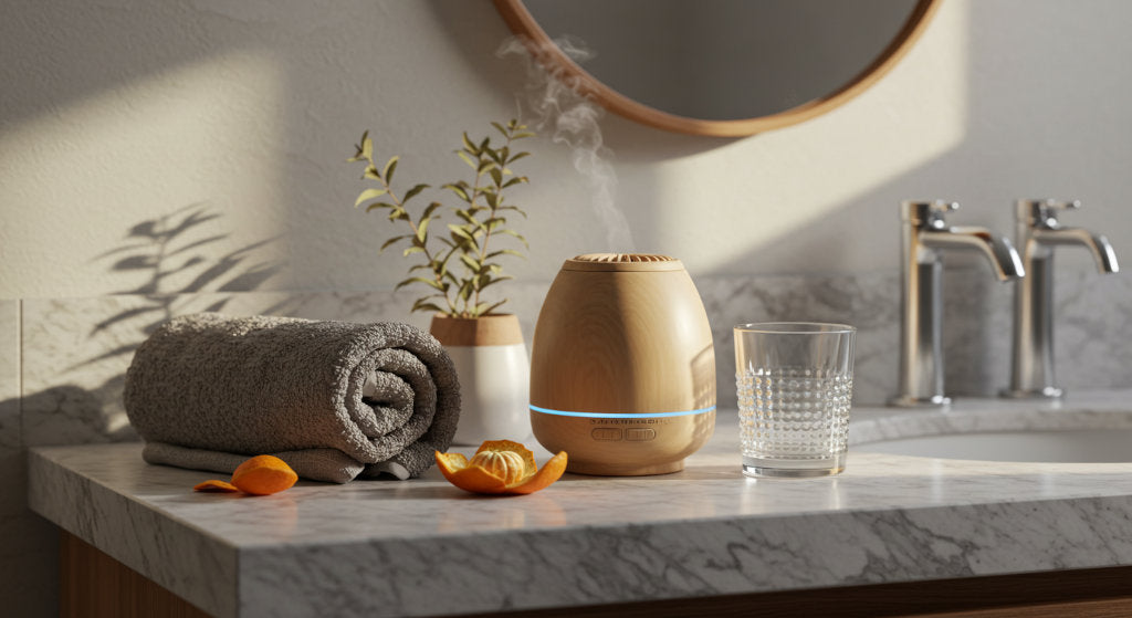 A cold air diffuser anchors the space alongside fresh citrus peel and linen accents, creating a sense of calm and clarity through ambient fragrance.
