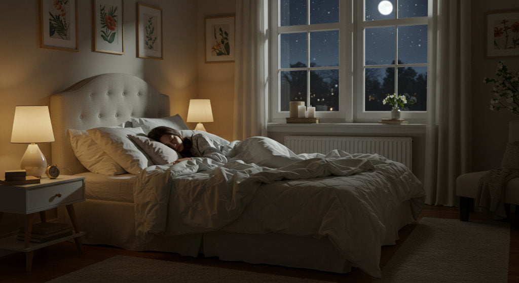 A peaceful bedroom scene suggesting how scent diffused through cold air systems may affect sleep, support emotional regulation, and gently encourage dream clarity and subconscious calm