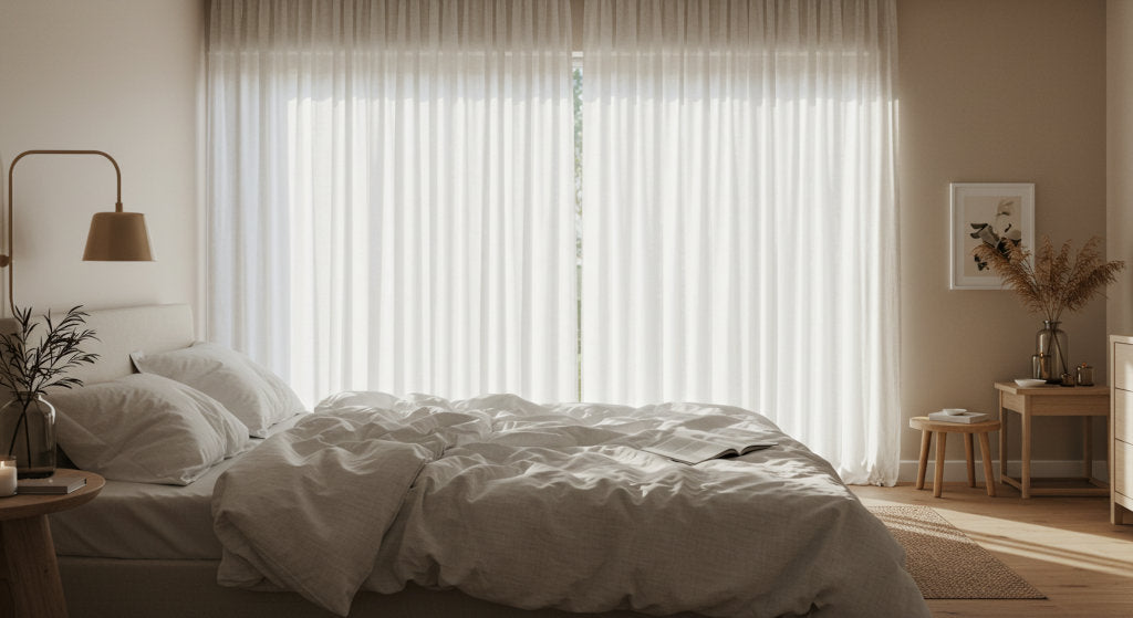 A softly lit bedroom scene with a cold air diffuser preparing the space for sleep. Linen textures, neutral bedding, and soft light create the ideal setting for using calming essential oils and fragrance blends to enhance restfulness. 