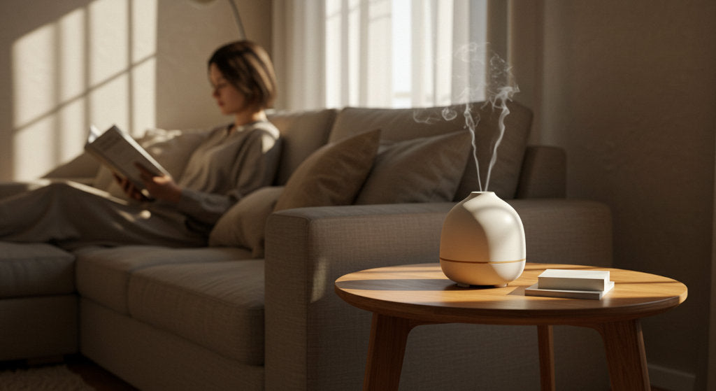 A serene living room scene featuring a ceramic cold air diffuser releasing calming fragrance oils.