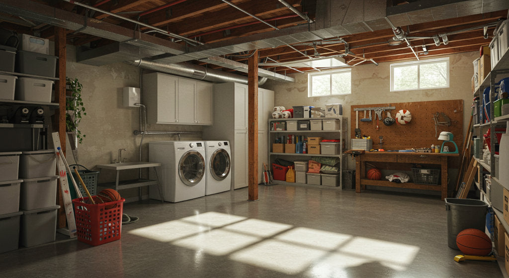 Concrete basement interior refreshed with odor neutralizer spray and improved moisture control for mildew prevention