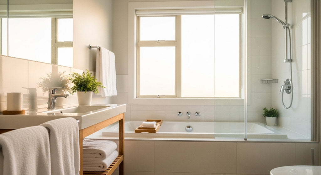 A bright bathroom showing how consistent odor-neutralizing spray use and airflow prevent moisture and odor buildup between deep cleans.