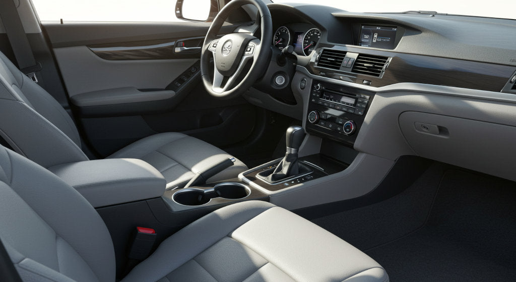 A bright car interior with clean upholstery and floor mats, showing how odor neutralizing sprays and habits restore fresh, dealer-like air quality.