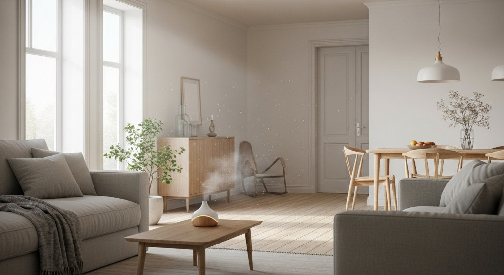 A bright, airy interior symbolizes the advancement of cold air diffusion as it replaces traditional candles and wax melts, reflecting the purity and performance of modern home fragrance systems.