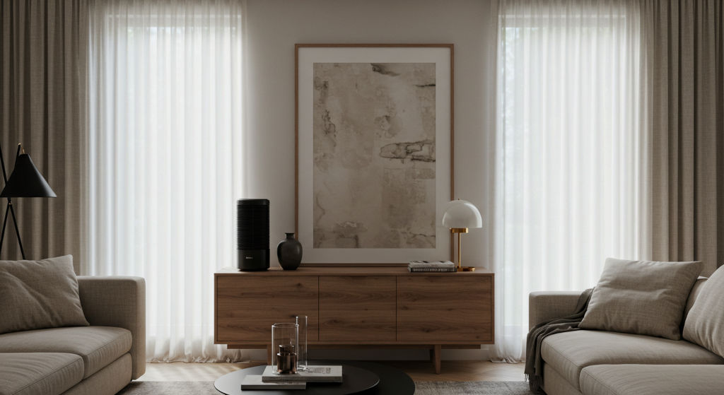 A discreet diffuser blends into this refined living space, showing how cold air diffusion preserves fragrance quality without disrupting design.