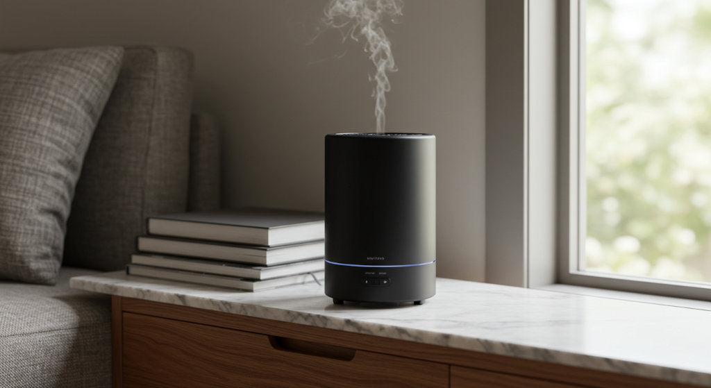 A sculptural cold air diffuser placed in a curated interior, highlighting how technology blends seamlessly into elevated home scenting