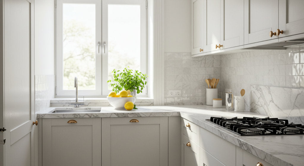 A compact kitchen styled with white cabinetry and natural light. Cold air diffusion with citrus, herbal, and floral fragrance oils refreshes the air, creating a balanced and uplifting cooking atmosphere