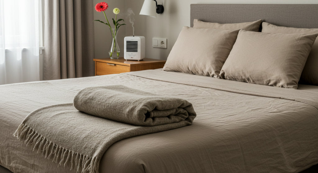 Neutral guest bedroom with cold air diffuser and fresh flower for light, clean scent