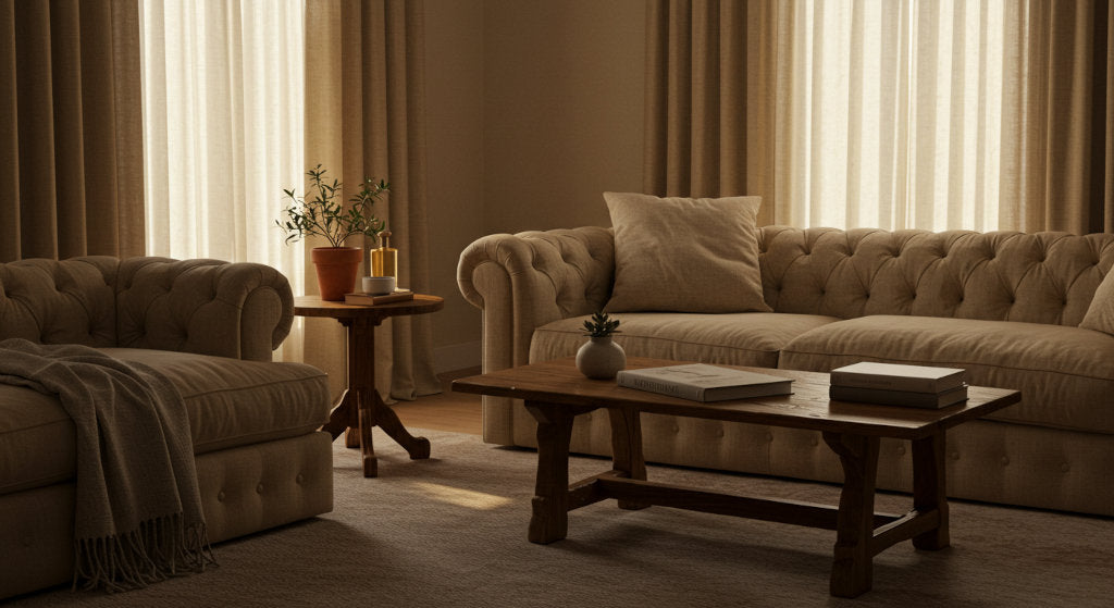 A soft, intentional living room setting that echoes the emotional nuance behind describing diffuser oils.