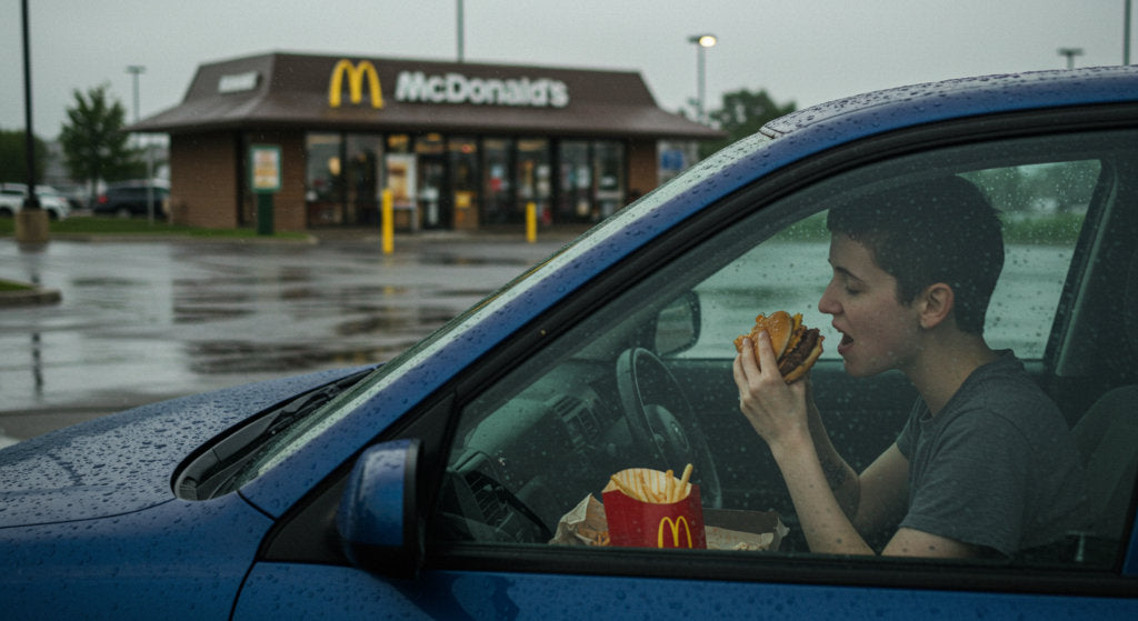 A well-maintained car interior at a drive-thru, showing how consistent odor-neutralizing habits prevent lingering smells and keep air fresh after meals.