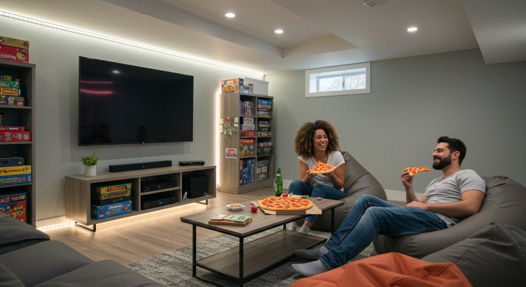 Neutralizing food and damp odors in a basement game room with odor control sprays designed to eliminate musty and stale air.