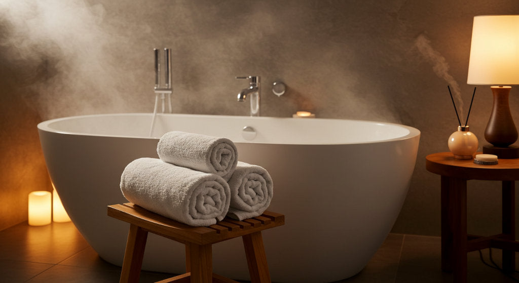 A freestanding tub and warm lighting are paired with cold air diffusion, filling the bathroom with lavender, chamomile, and sandalwood fragrance oils for a serene bathtime retreat.