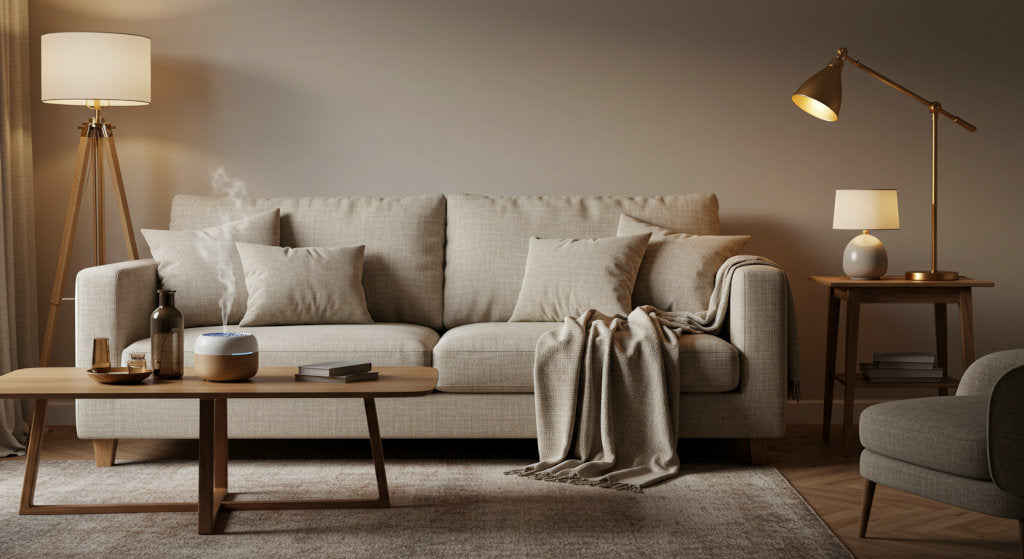 Cold air diffusion with calming oils creates an evening living room designed for rest and reconnection.