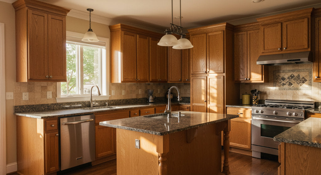 A warm, inviting kitchen with natural autumn light and open windows, symbolizing fresh airflow and odor-neutralizing balance for seasonal indoor freshness.