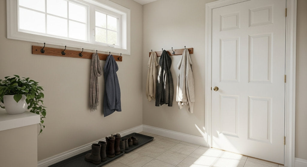 This well-maintained mudroom shows how seasonal leaf debris and damp shoes are managed with odor elimination techniques, maintaining indoor air quality in the fall.
