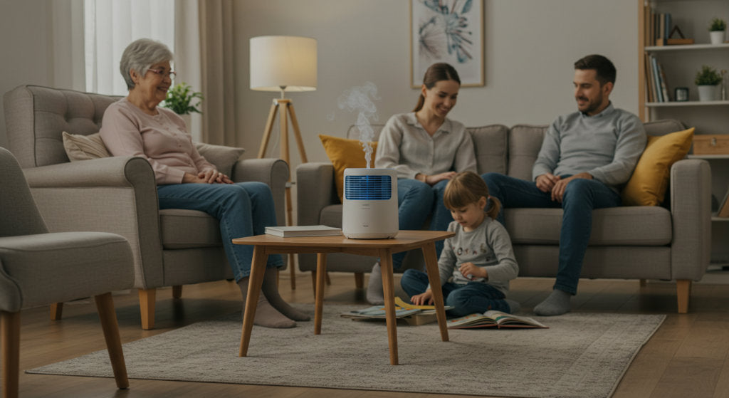 A cozy living room scene showing multiple generations together. The cold air diffuser reflects a safe, inclusive fragrance choice with gentle florals, grounding woods, and uplifting citrus.