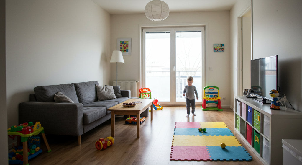 A family living room with toys, fabrics, and seating areas kept odor-free through odor elimination sprays and light cleaning routines for lasting freshness.